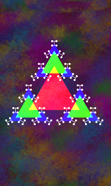 A triangle with other colorful triangles and line segments branching off of it